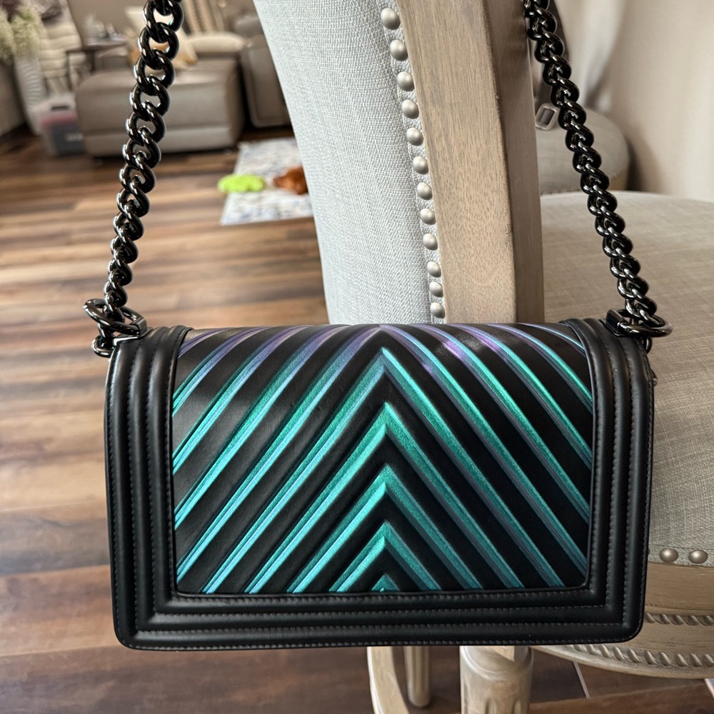 Chanel Boy Bag Medium Iridescent Chevron Calfskin Ruthenium Hardware Authentic